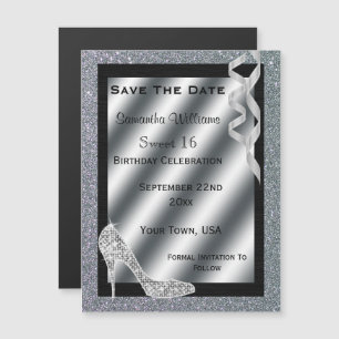 Silver Glittery Stiletto & Streamers Sweet 16 Magnetic Invitation