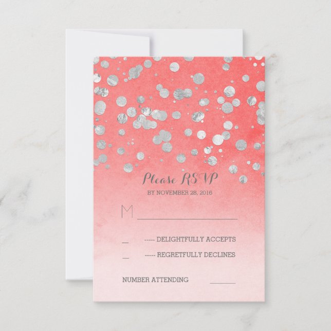 silver glitz pink coral wedding RSVP cards (Front)