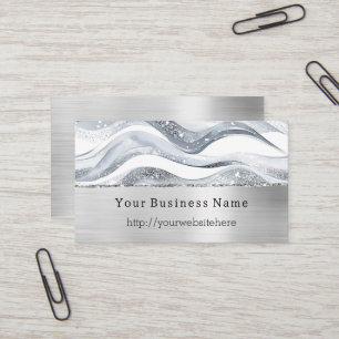 Silver Glitzy Waves Stripes Business name website Business Card