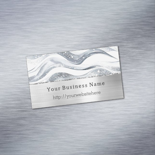 Silver Glitzy Waves Stripes Business name website Magnetic Business Card (In Situ)