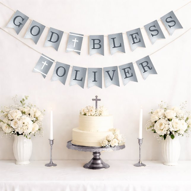 Silver God Bless 6 Letters Name Baptism Communion  Bunting (Creator Uploaded)