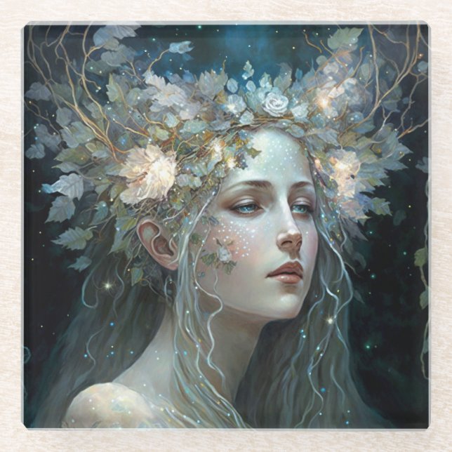 Silver Goddess Fantasy Art Glass Coaster (Front)