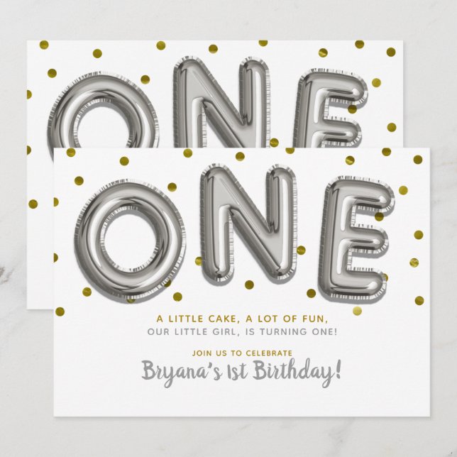 Silver & Gold Balloons ONE 1st Birthday Party Invitation (Front/Back)