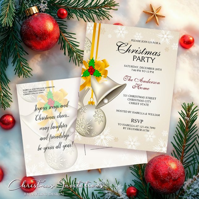 Silver Gold Bells and Baubles Christmas Party Invitation Postcard (Creator Uploaded)
