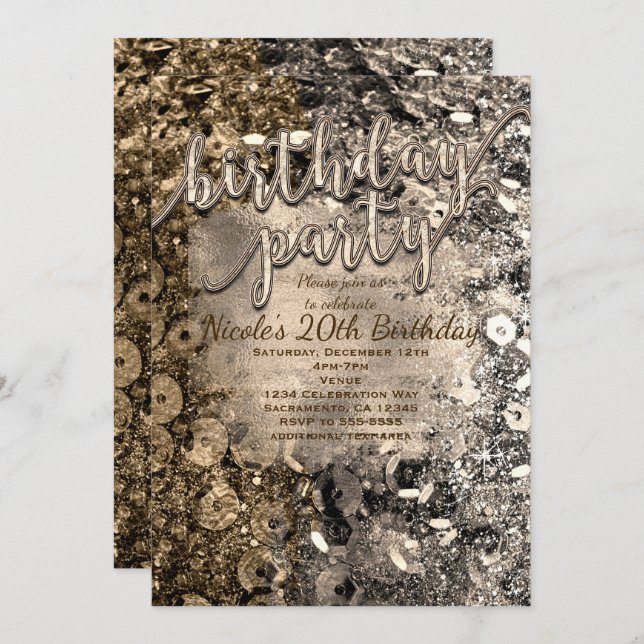 Silver & Gold Birthday Party Sequins Invitations (Front/Back)