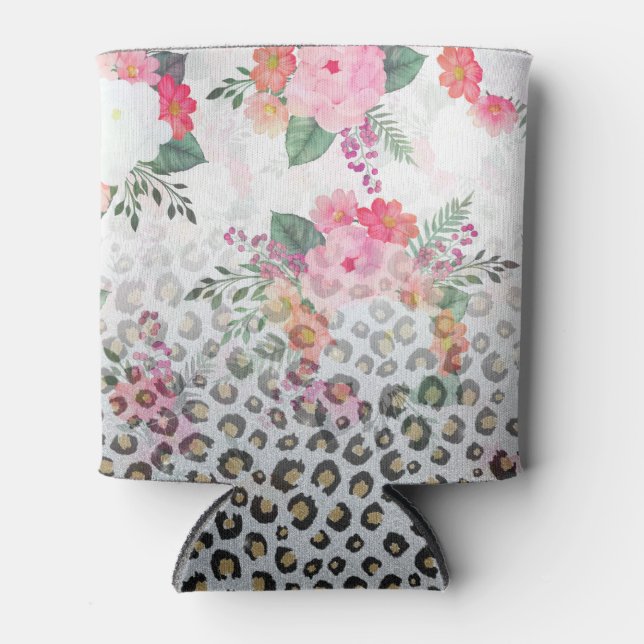 Silver Gold Black Leopard Print Pink Flowers Can Cooler (Front)