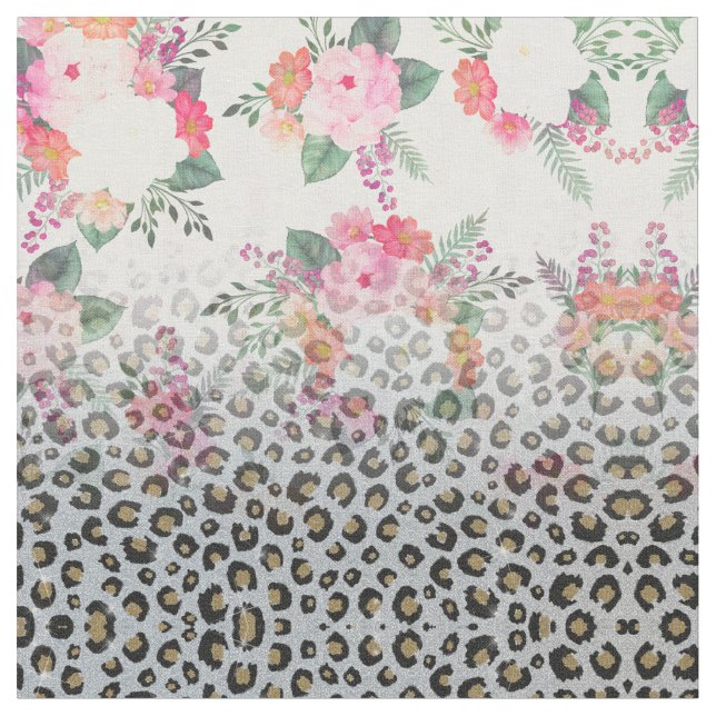 Silver Gold Black Leopard Print Pink Flowers Fabric (Close Up)