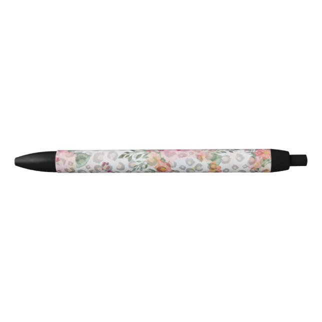 Silver Gold Black Leopard Print Pink Flowers Ink Pen (Front)
