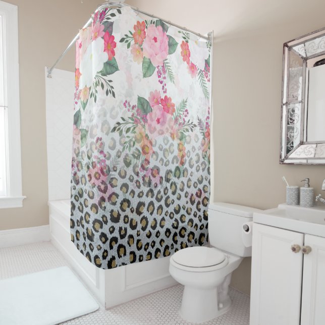 Silver Gold Black Leopard Print Pink Flowers Shower Curtain (In Situ)