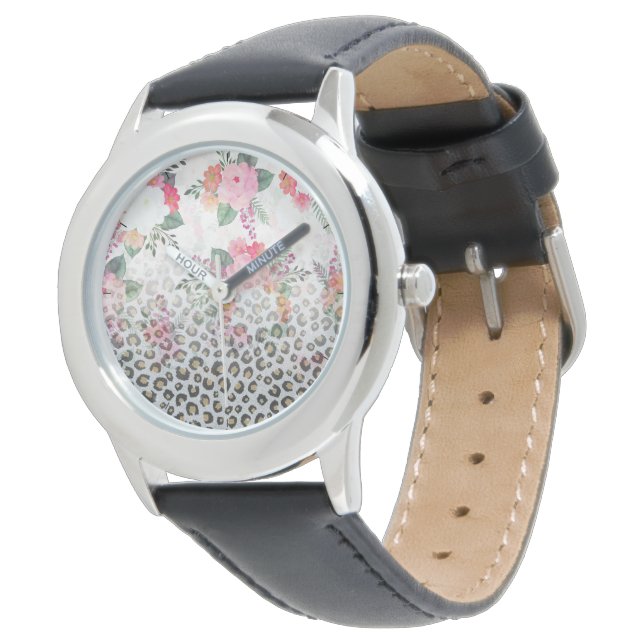 Silver Gold Black Leopard Print Pink Flowers Watch (Angled)