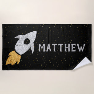 Silver Gold Black Rocket Ship Personalised Beach Towel
