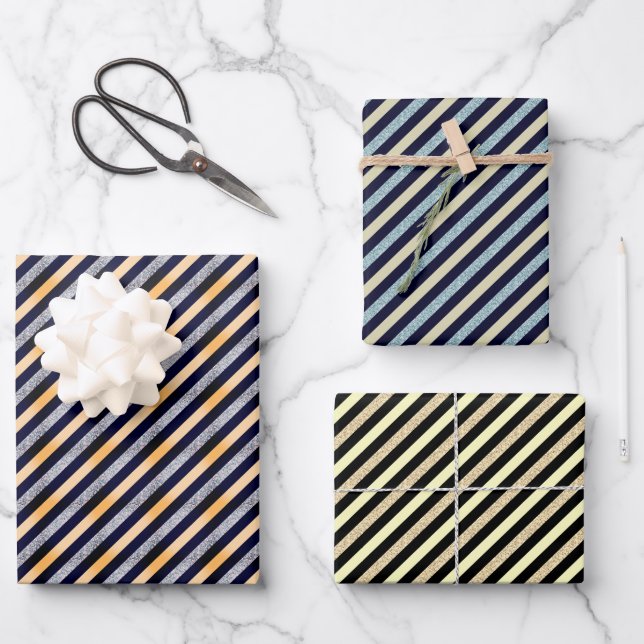 Silver, Gold Blue Glitter Stripe Festive Christmas Wrapping Paper Sheet (Front)