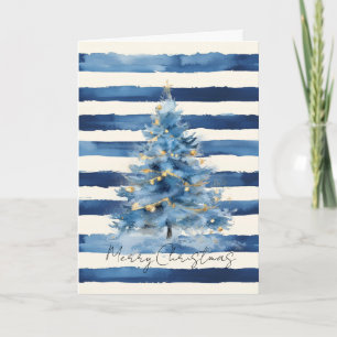 Silver Gold Blue Stripes Christmas Tree Card