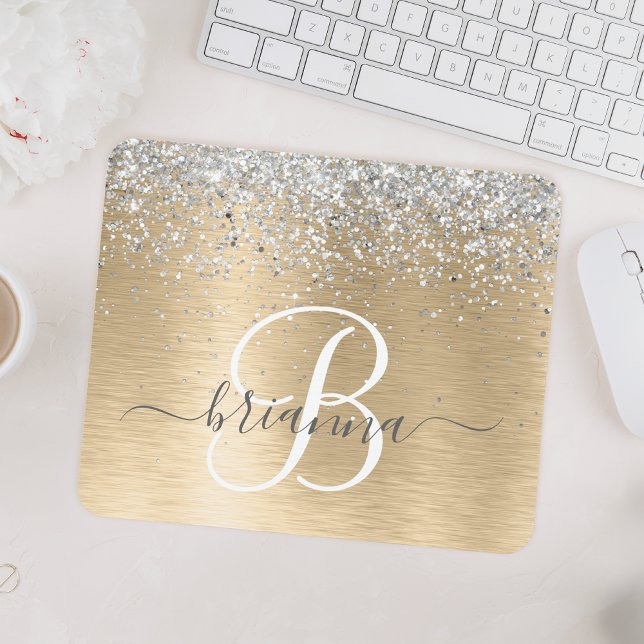 Silver Gold Brushed Metal Glitter Monogram Name Mouse Pad (Creator Uploaded)