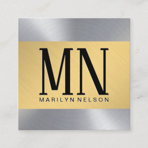Silver Gold Brushed Metallic   Monogram Square Business Card