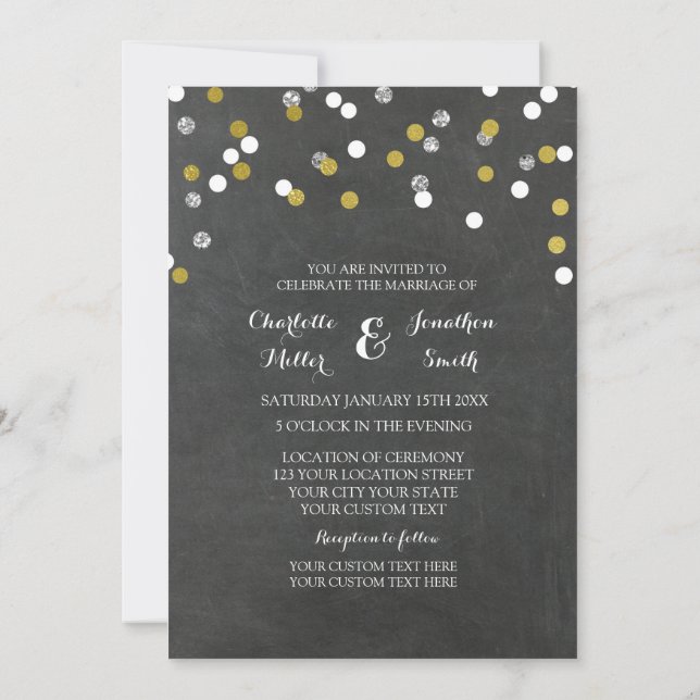 Silver Gold Chalkboard Confetti Wedding Invitation (Back)