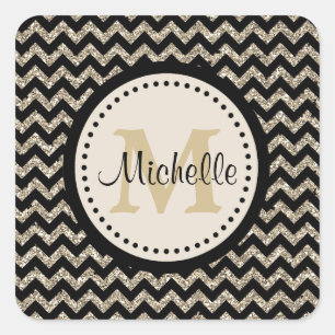 Silver Gold Chevron Faux Glitter Monogram Square Sticker