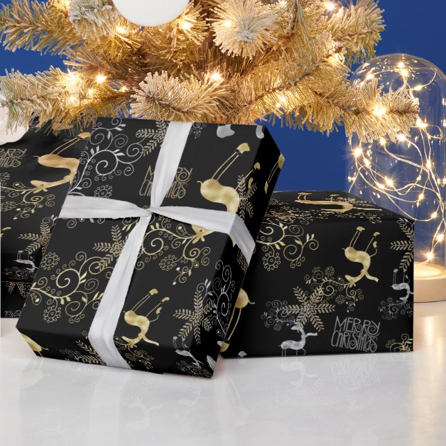 Silver & Gold Christmas Reindeer on Black Wrapping Paper (Holidays)
