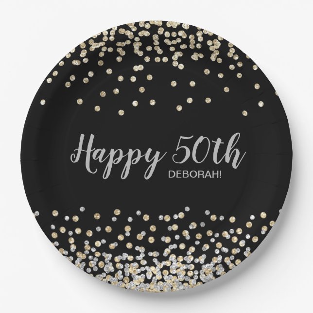 Silver Gold Confetti 50th Birthday Party Paper Plate (Front)