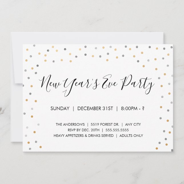 Silver + Gold Confetti New Year's Eve Party Invite (Front)