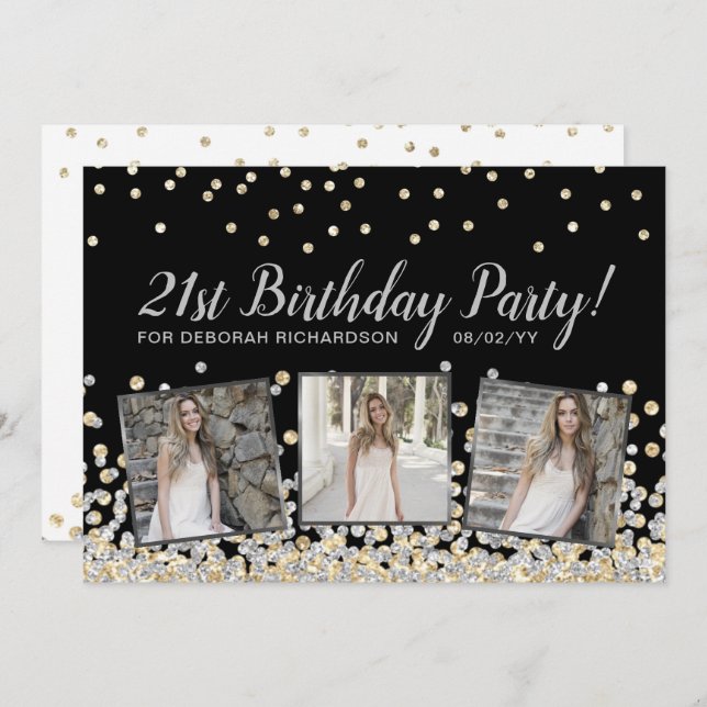 Silver Gold Confetti Photo Collage 21st Birthday Invitation (Front/Back)