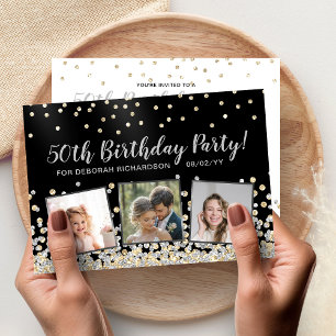 Silver Gold Confetti Photo Collage 50th Birthday Invitation