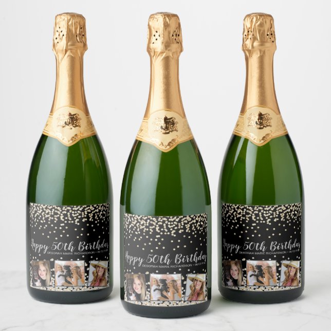 Silver Gold Confetti Photo Collage 50th Birthday Sparkling Wine Label (Bottles)