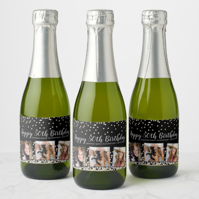 Silver Gold Confetti Photo Collage 50th Birthday Sparkling Wine Label (Bottles)