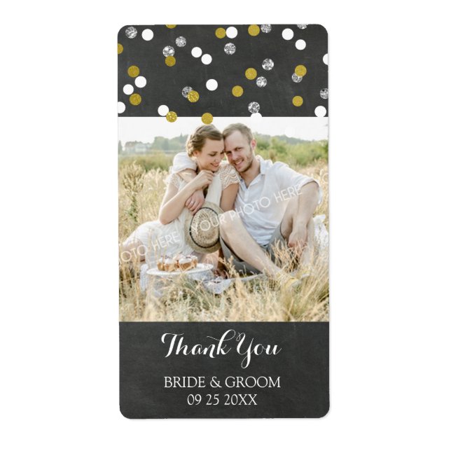 Silver Gold Confetti Photo Wedding Labels (Front)