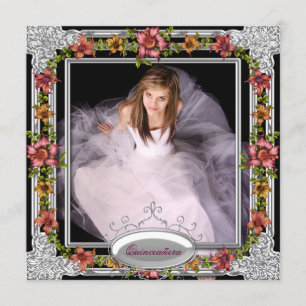 Silver Gold Coral Pink Flowers Photo Quinceanera Invitation