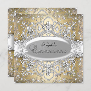 Silver & Gold Damask Pearl Quinceanera Invite