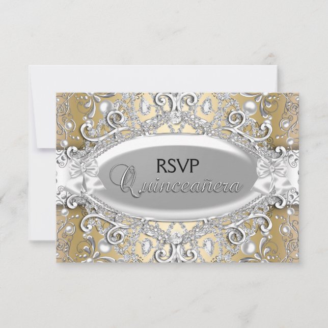 Silver & Gold Damask Pearl Quinceanera RSVP (Front)