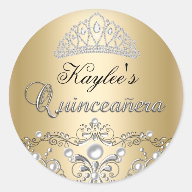 Silver & Gold Damask Pearl Quinceanera Sticker (Front)