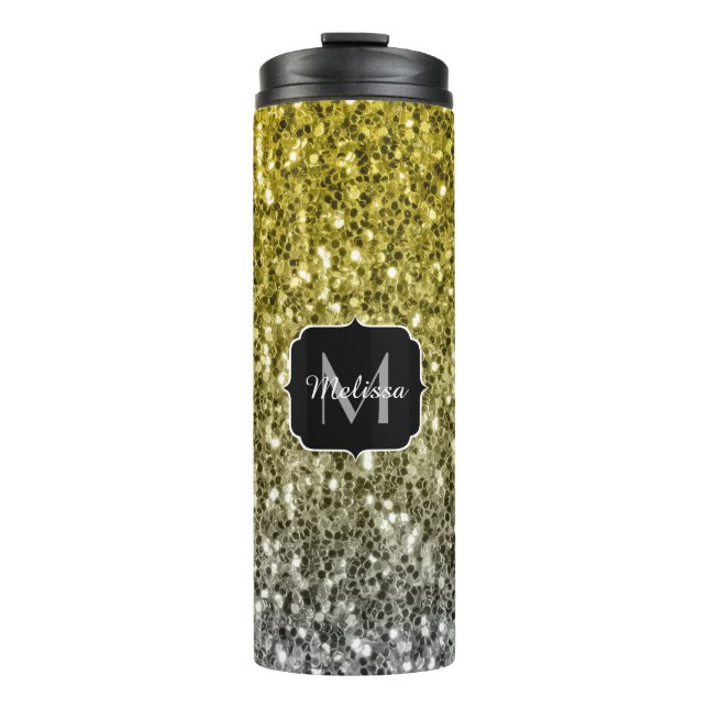 Silver gold dark sparkles glitter ombre Monogram Thermal Tumbler (Front)
