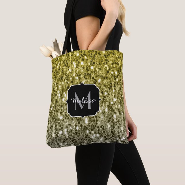 Silver gold dark sparkles glitter ombre Monogram Tote Bag (Close Up)