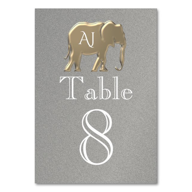 Silver Gold Elephant Wedding Table Number (Front)