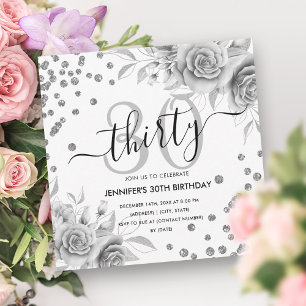 Silver Gold Floral Glitter 30th Birthday Script Invitation
