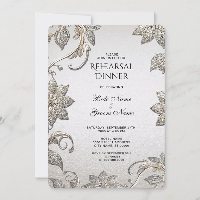 Silver Gold Floral Rehearsal Dinner Invitation (Front)