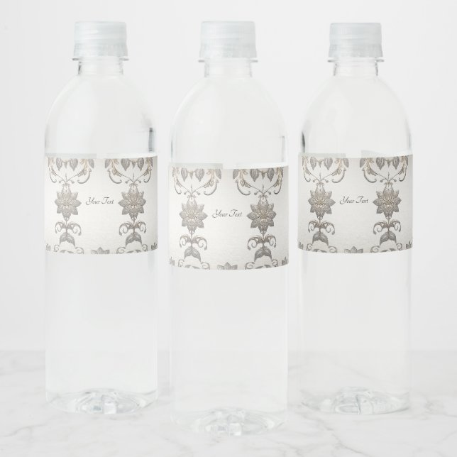 Silver Gold Floral Water Bottle Label (Bottles)