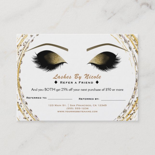 Silver Gold Glam Lashes Refer a Friend Aftercare Referral Card (Front)