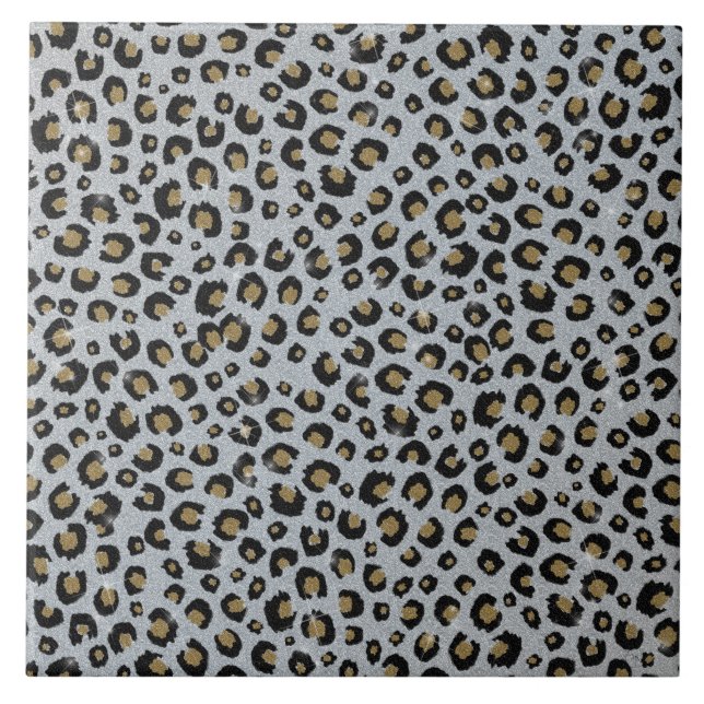 Silver Gold Glitter Black Leopard Print Ceramic Tile (Front)