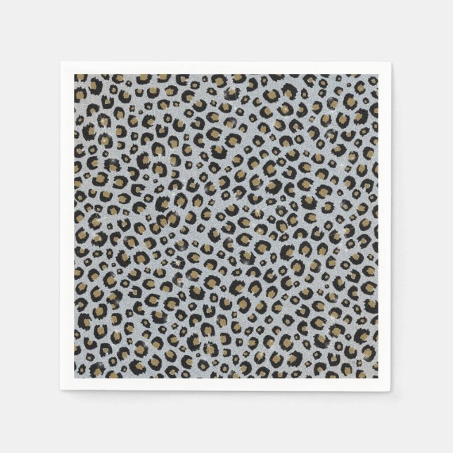 Silver Gold Glitter Black Leopard Print Napkin (Front)