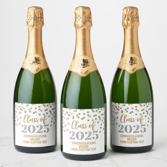 Silver Gold Glitter Class of 2025 Graduation Sparkling Wine Label (Bottles)