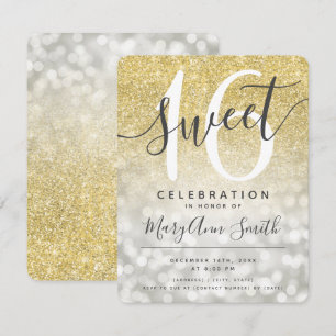 Silver Gold Glitter Glam Lights Sweet 16th Invitation