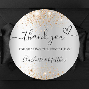 Silver gold glitter heart thank you wedding classic round sticker