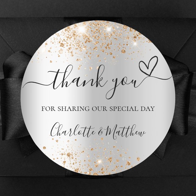 Silver gold glitter heart thank you wedding classic round sticker (Creator Uploaded)