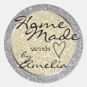 Silver Gold Glitter Home Made with Love Heart Pink Classic Round Sticker