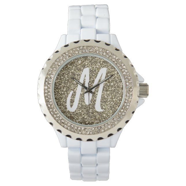 Silver Gold Glitter Look Elegant Monogrammed Watch (Front)