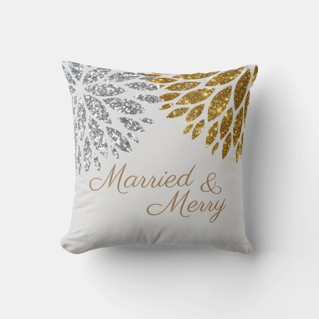 Silver Gold Glitter Married Merry Christmas Cushion (Front)