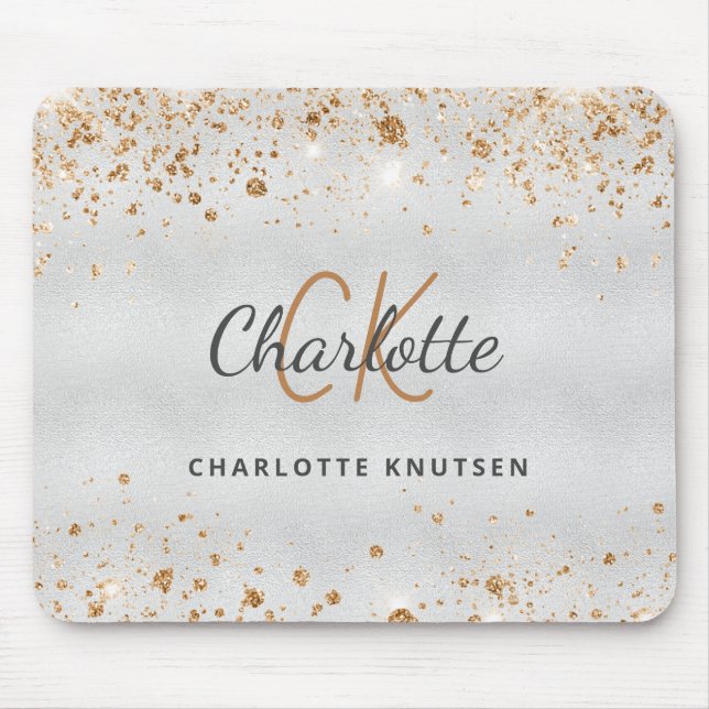 Silver gold glitter monogram name mouse pad (Front)